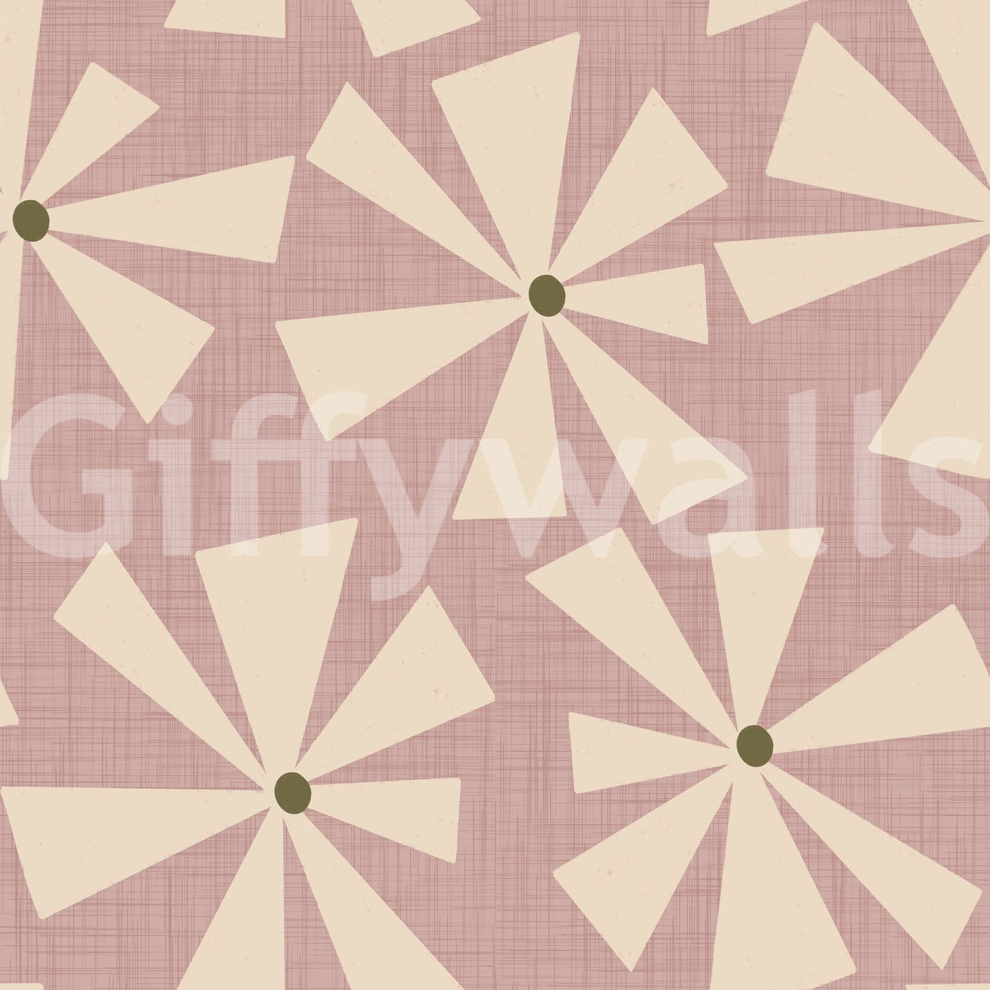 Vintage floral burst wallpaper blending star-like cream petals with a muted pink tone.