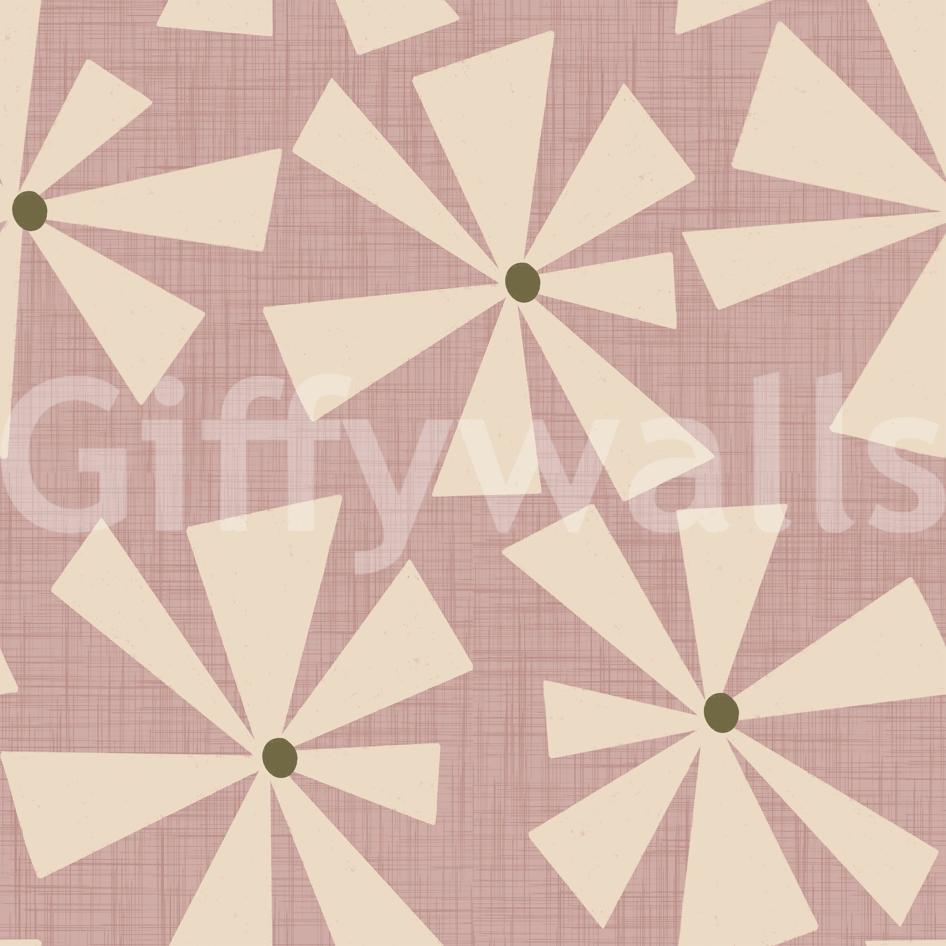 Vintage floral burst wallpaper blending star-like cream petals with a muted pink tone.