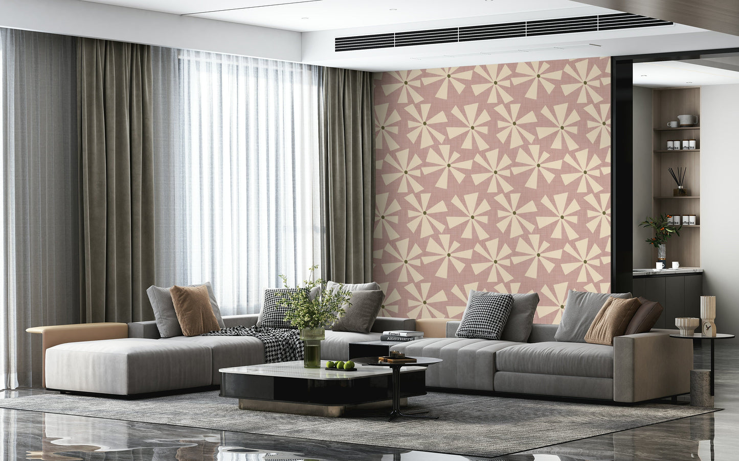 Soft geometric wallpaper with starburst floral motifs in cream and rose hues.