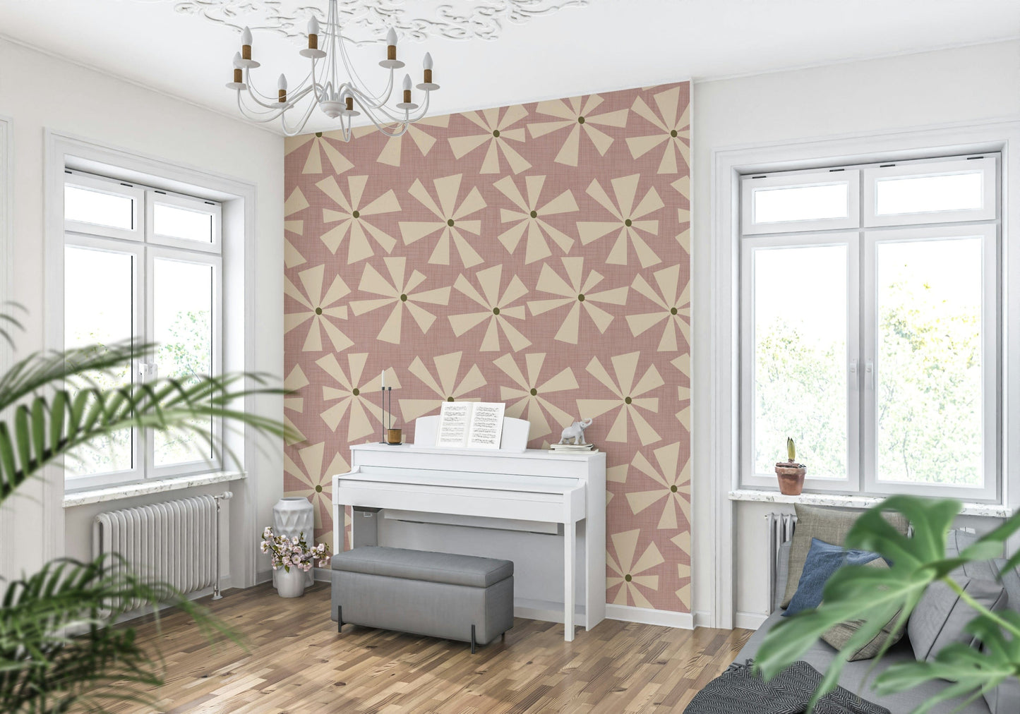 Rose Petal Pop wallpaper featuring cream starburst blooms on a dusty rose background.