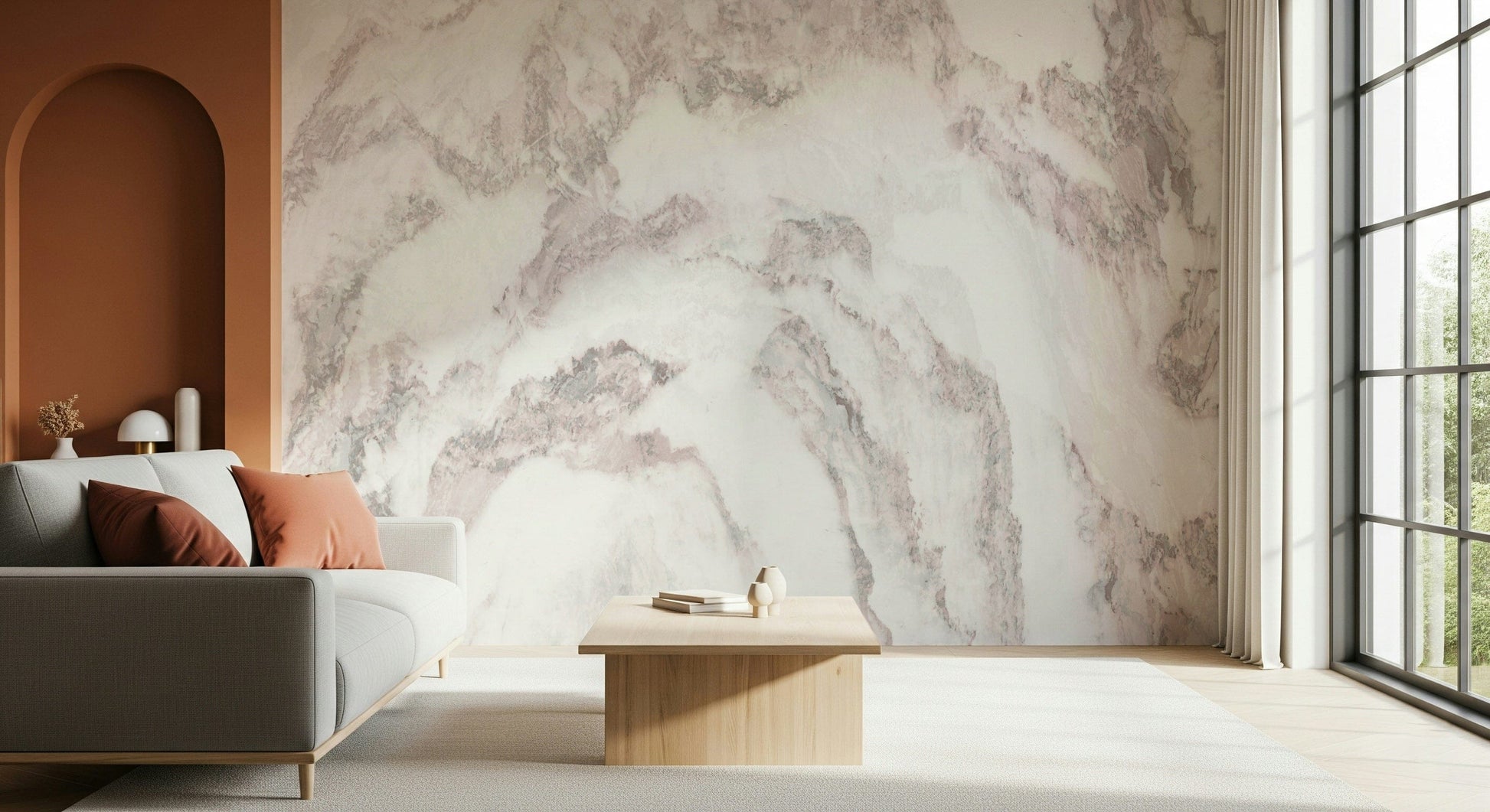 Wall mural with delicate rose-hued marble textures and veining for modern, stylish, and serene interior spaces.