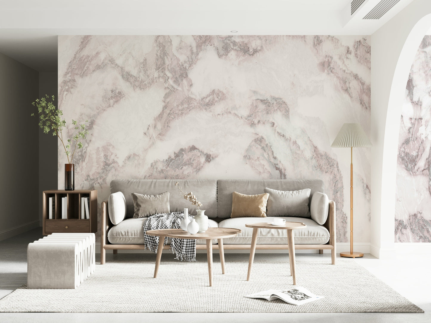 Rose Quartz Marble Wall Mural creating a refined, elegant backdrop with natural marble aesthetics.