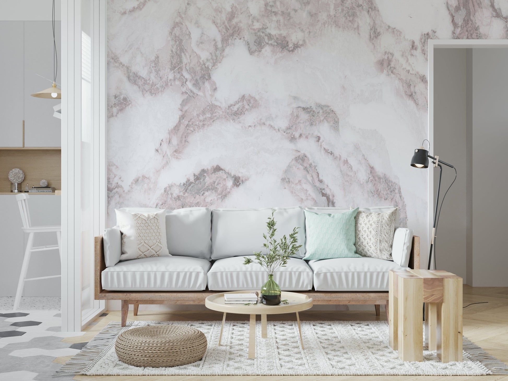 Textured wall mural with rose quartz-inspired marble patterns creating a luxurious accent wall.