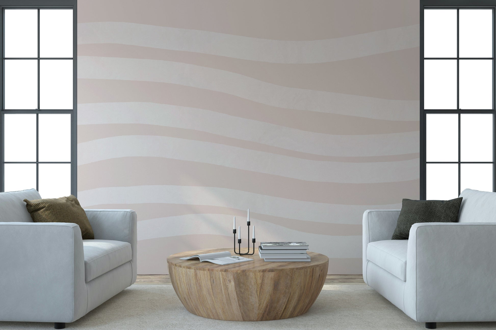 An artistic fluid pattern mural on minimalist wallpaper.
