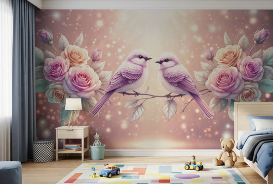 Rose & Songbirds wallpaper mural with two lavender birds and pink roses in a nursery with white crib and teddy