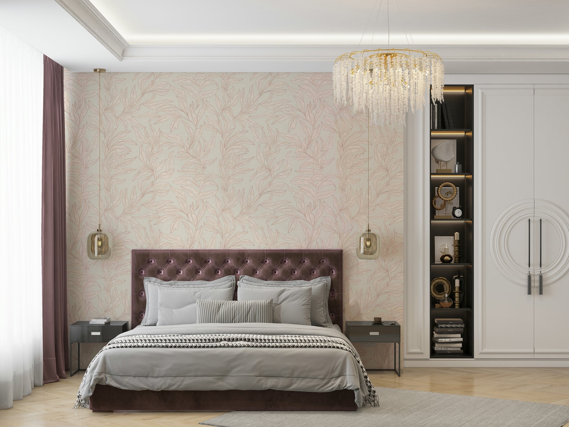Rose-tinted leaf mural for warm interiors

