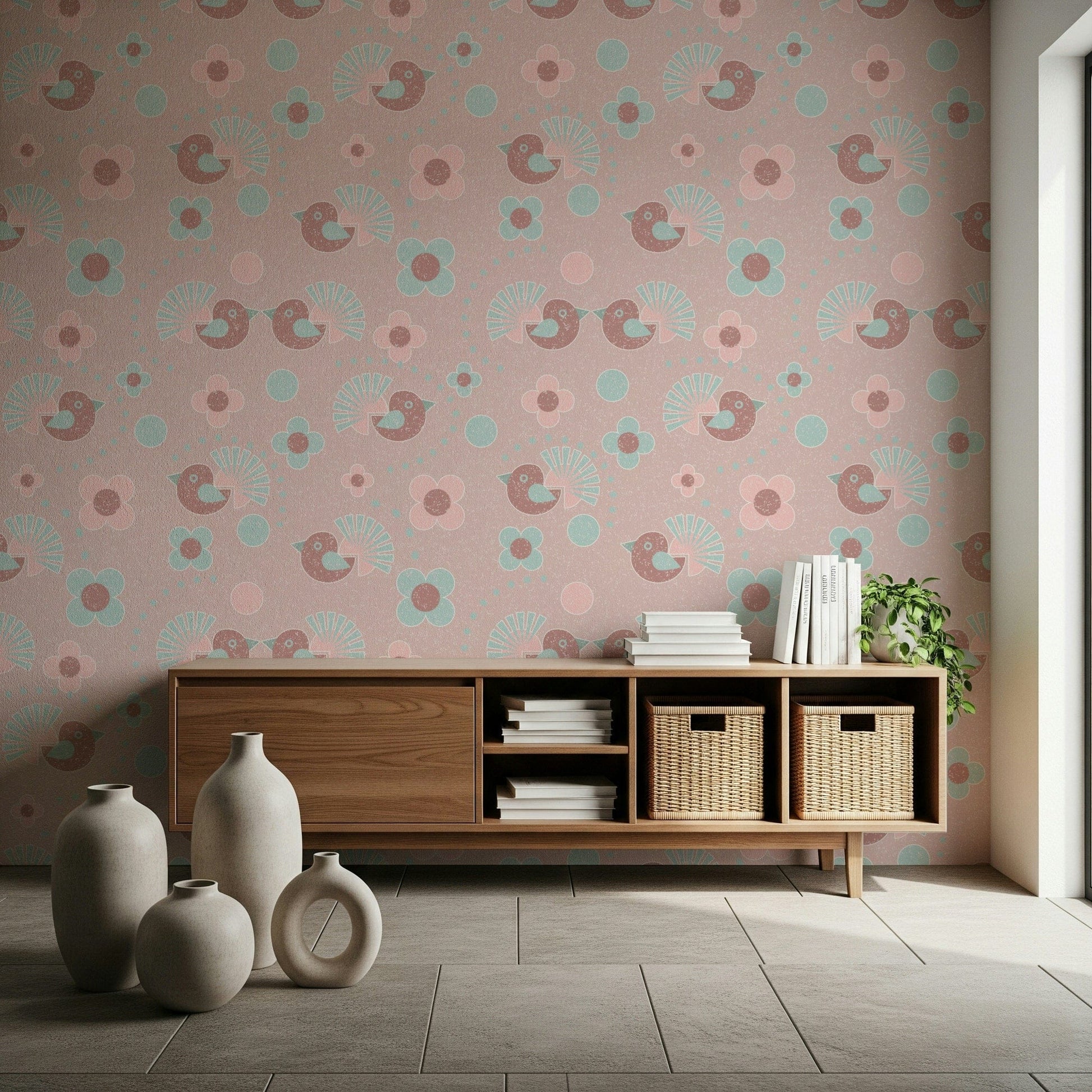 Close-up of the Rosebird Delight Wallpaper, highlighting the intricate details of the birds and roses.