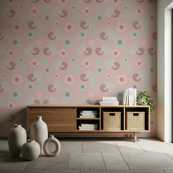 Close-up of the Rosebird Delight Wallpaper, highlighting the intricate details of the birds and roses.