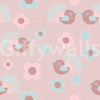 Rosebird Delight wallpaper close-up showing the pattern detail of mauve birds and pink flowers on a blush-pink background