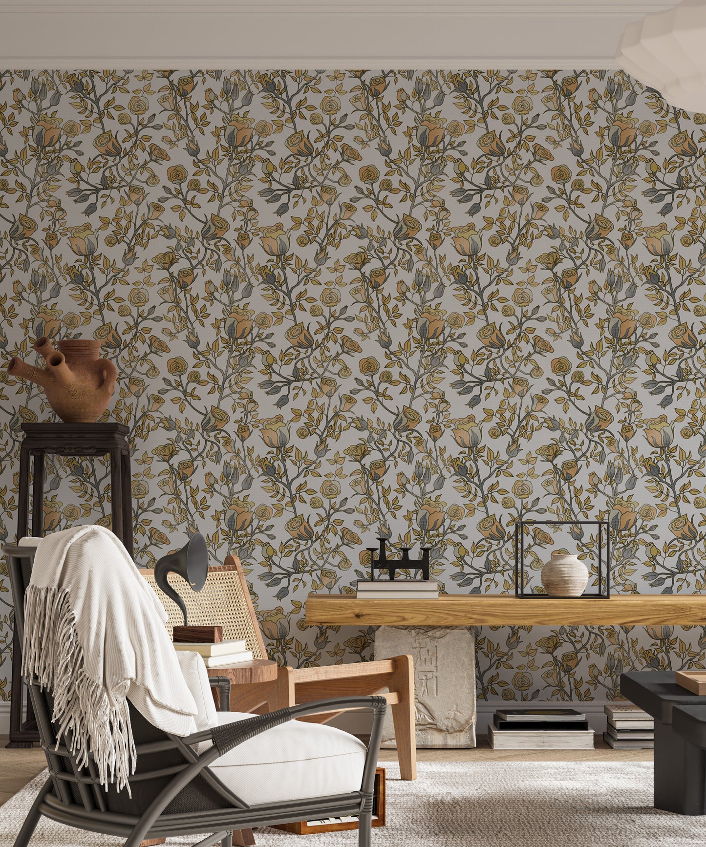 Roses Tree Golden and Gray Wallpaper