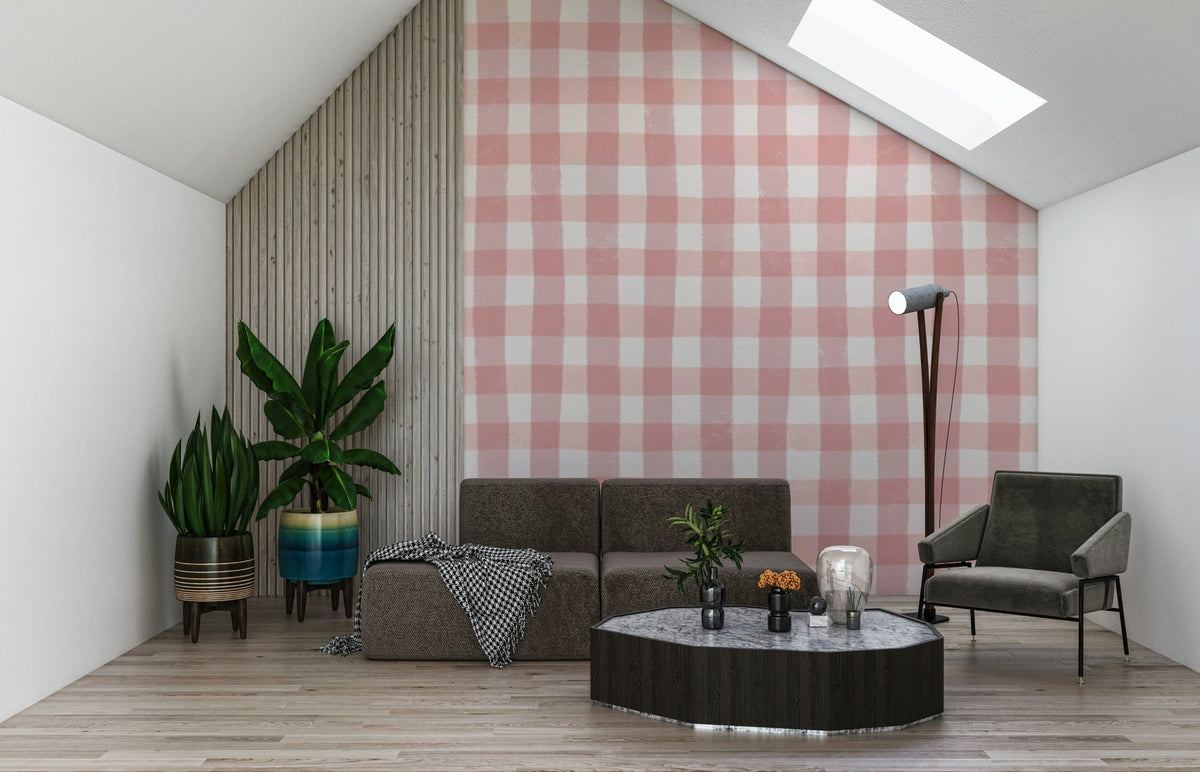 Rosewater-hued gingham wallpaper showcasing a simple pastel check pattern.