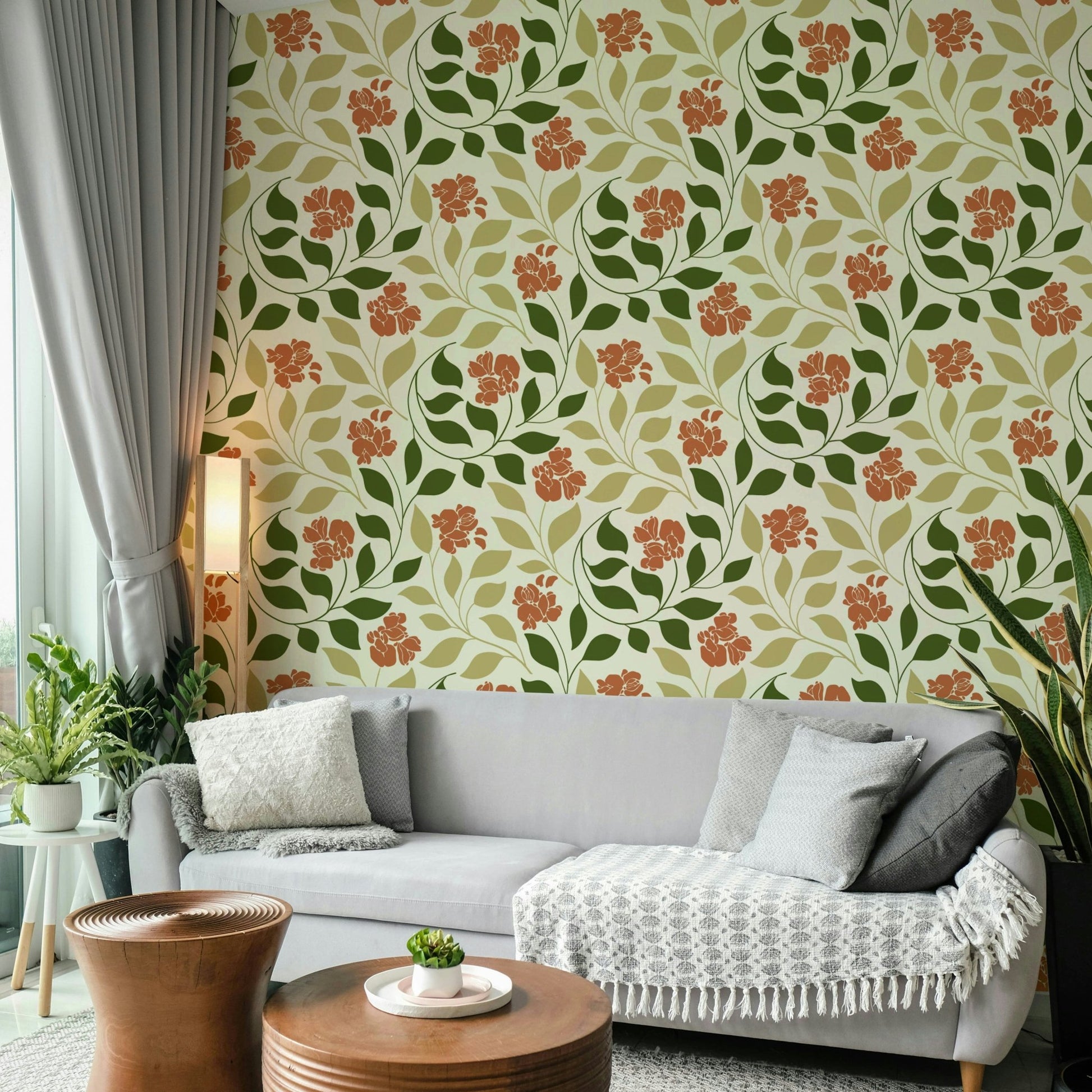 Muted pinks, soft creams, earthy greens.

