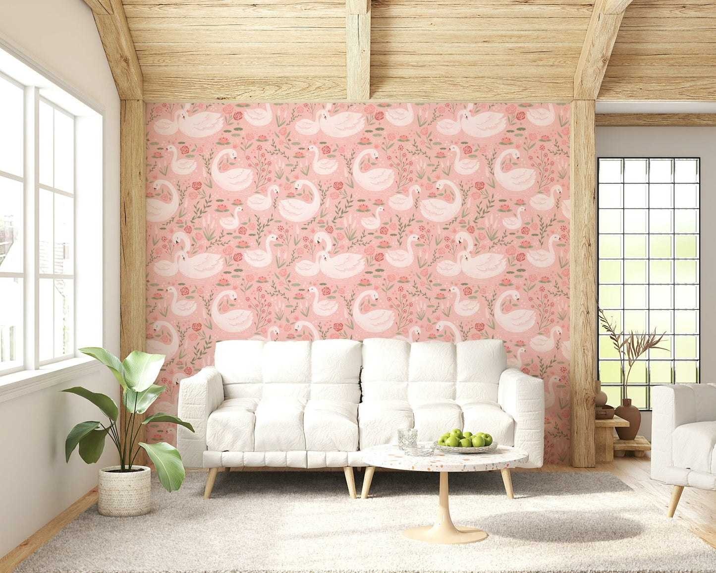 Elegant swans gliding through a rosy, serene floral landscape.