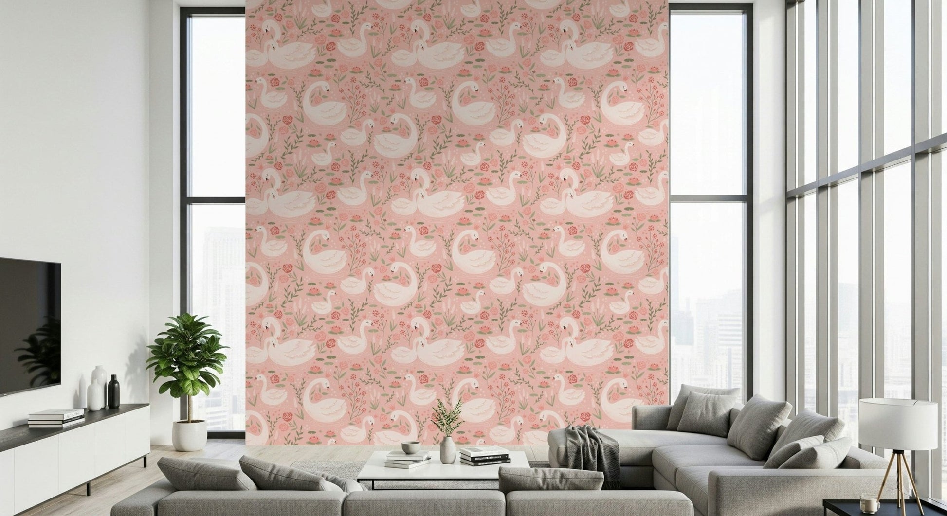 Soft pink swan mural creating a peaceful, romantic ambiance.