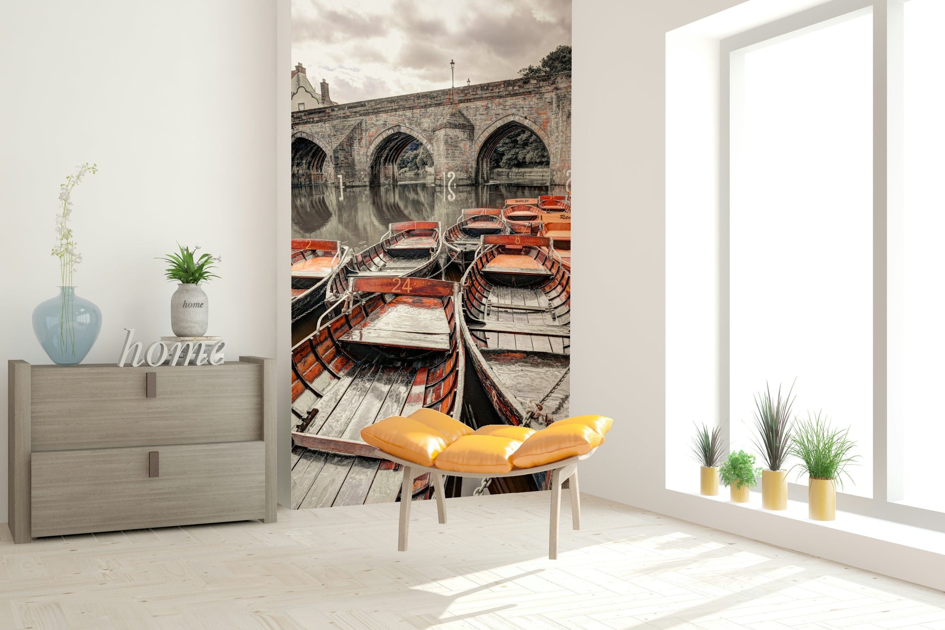 Charming Boat dock wallpaper, old stone viaduct, calm water reflection.