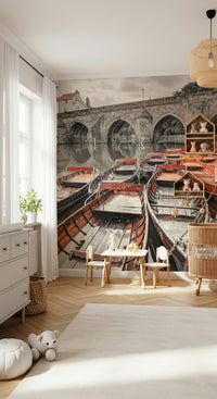 Scenic river Rowing Boats print, weathered wood hulls, ancient bridge design.