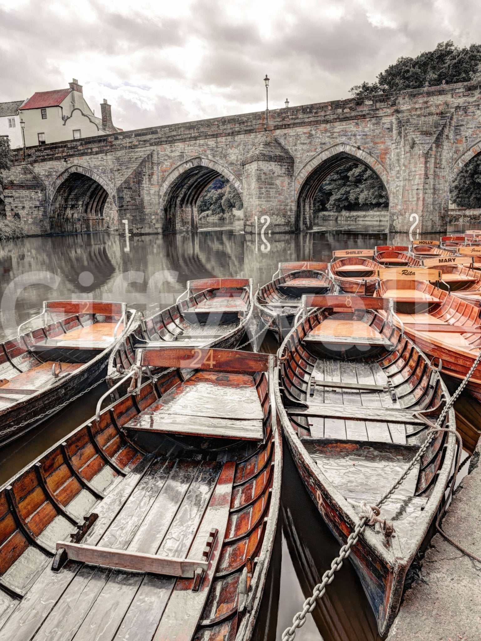 Aged Rowing skiffs wallpaper for walls, bridge perspective, water level outlook.