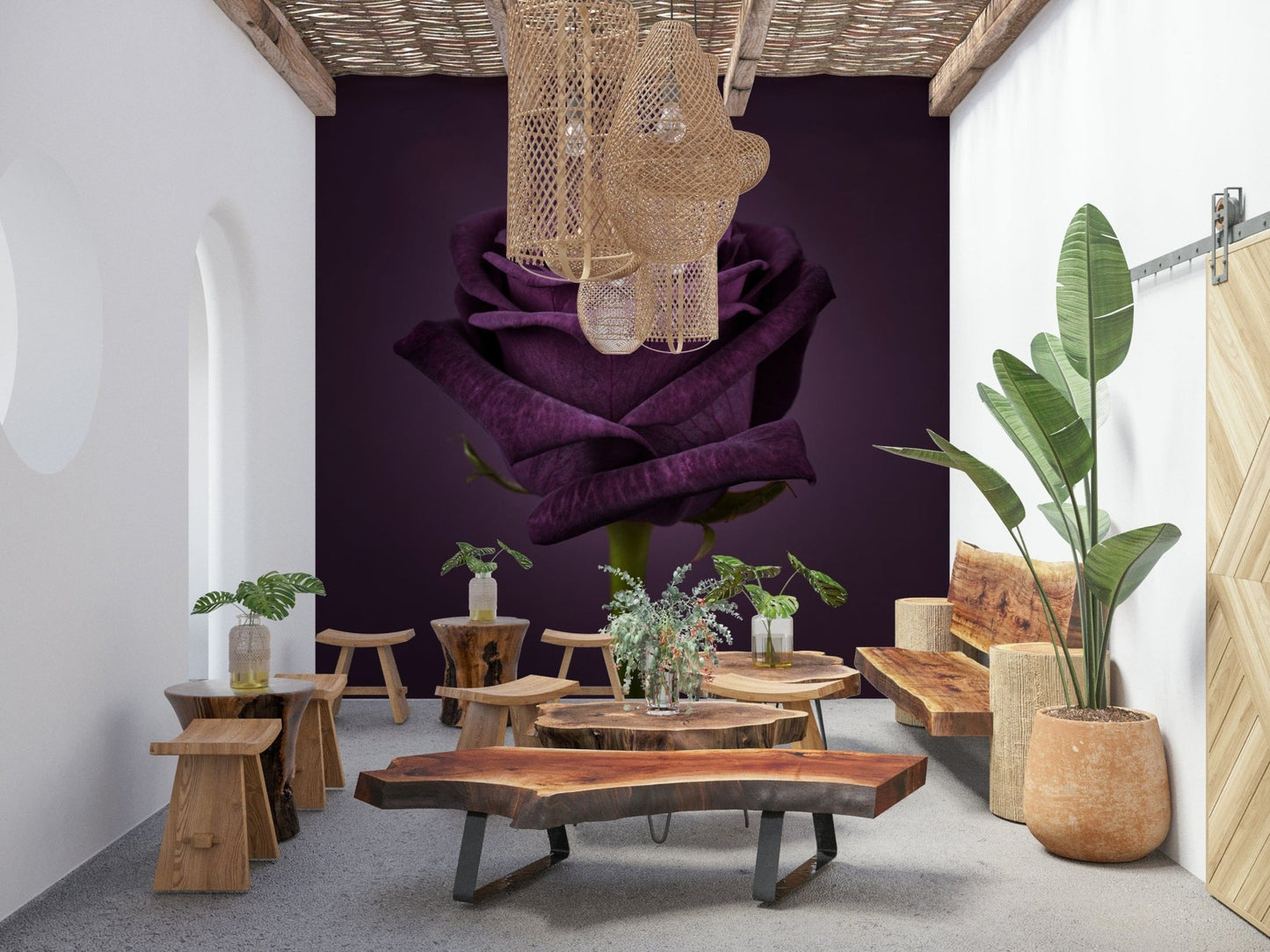 Modern hallway styling using a grand ornamental mural in neutral colors.