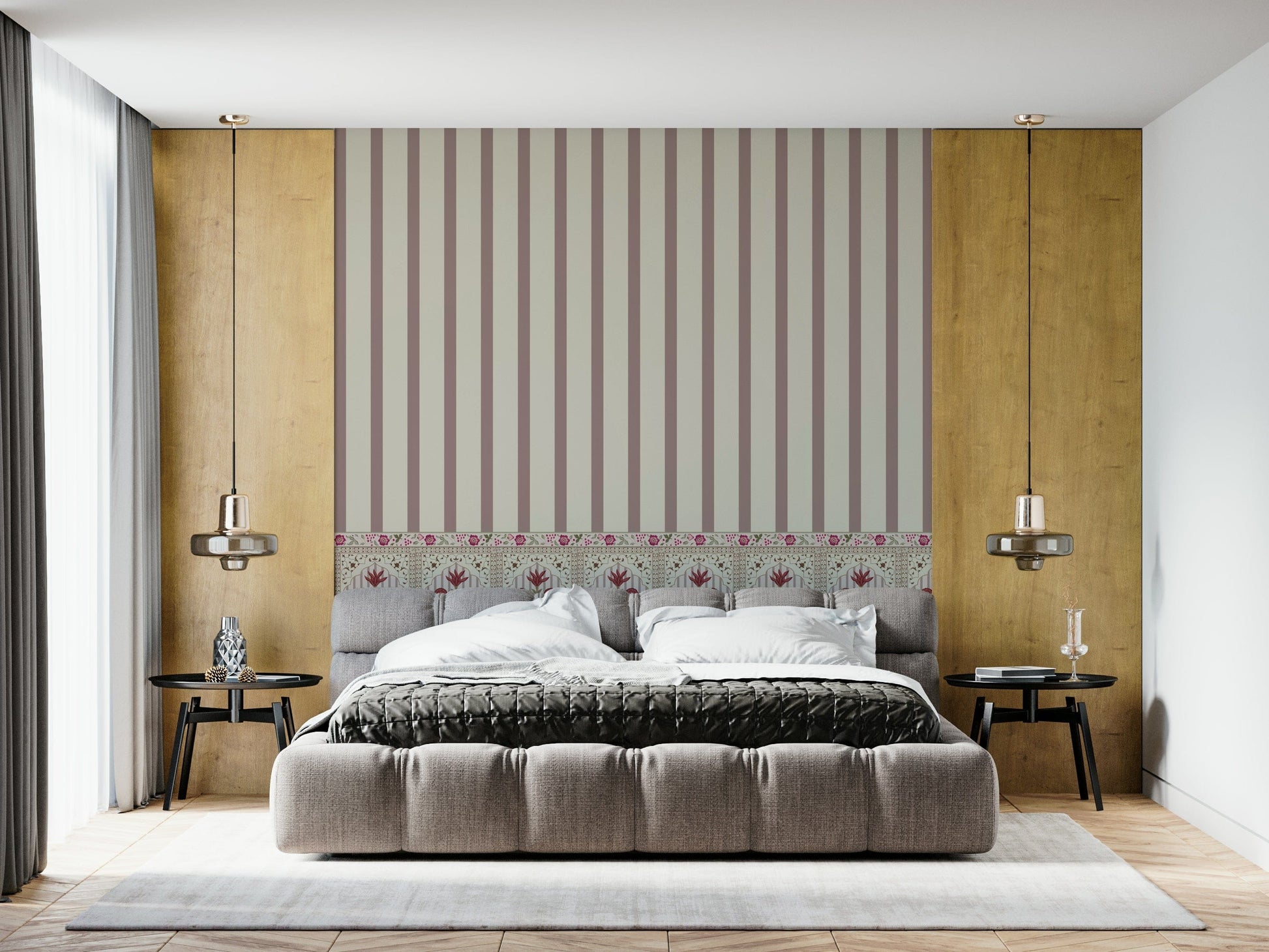 Sophisticated navy and gold floral mural in a modern apartment living room.