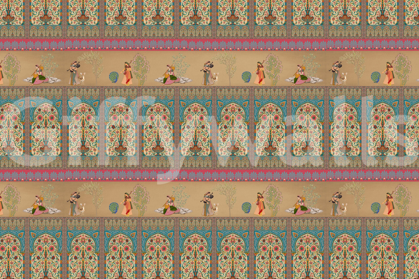 Sitting room wall styling with 18th-century inspired romantic scenery.