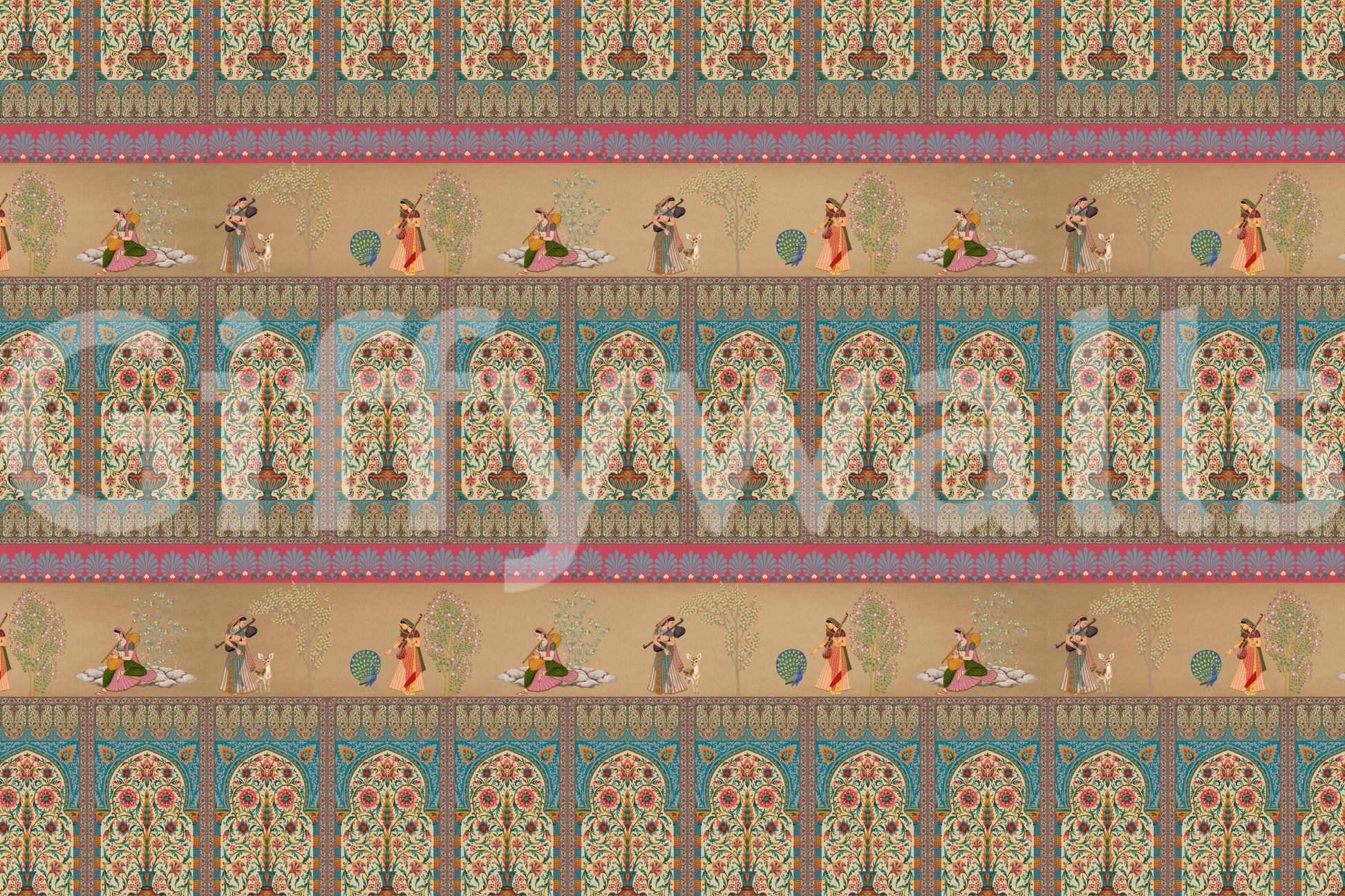 Sitting room wall styling with 18th-century inspired romantic scenery.