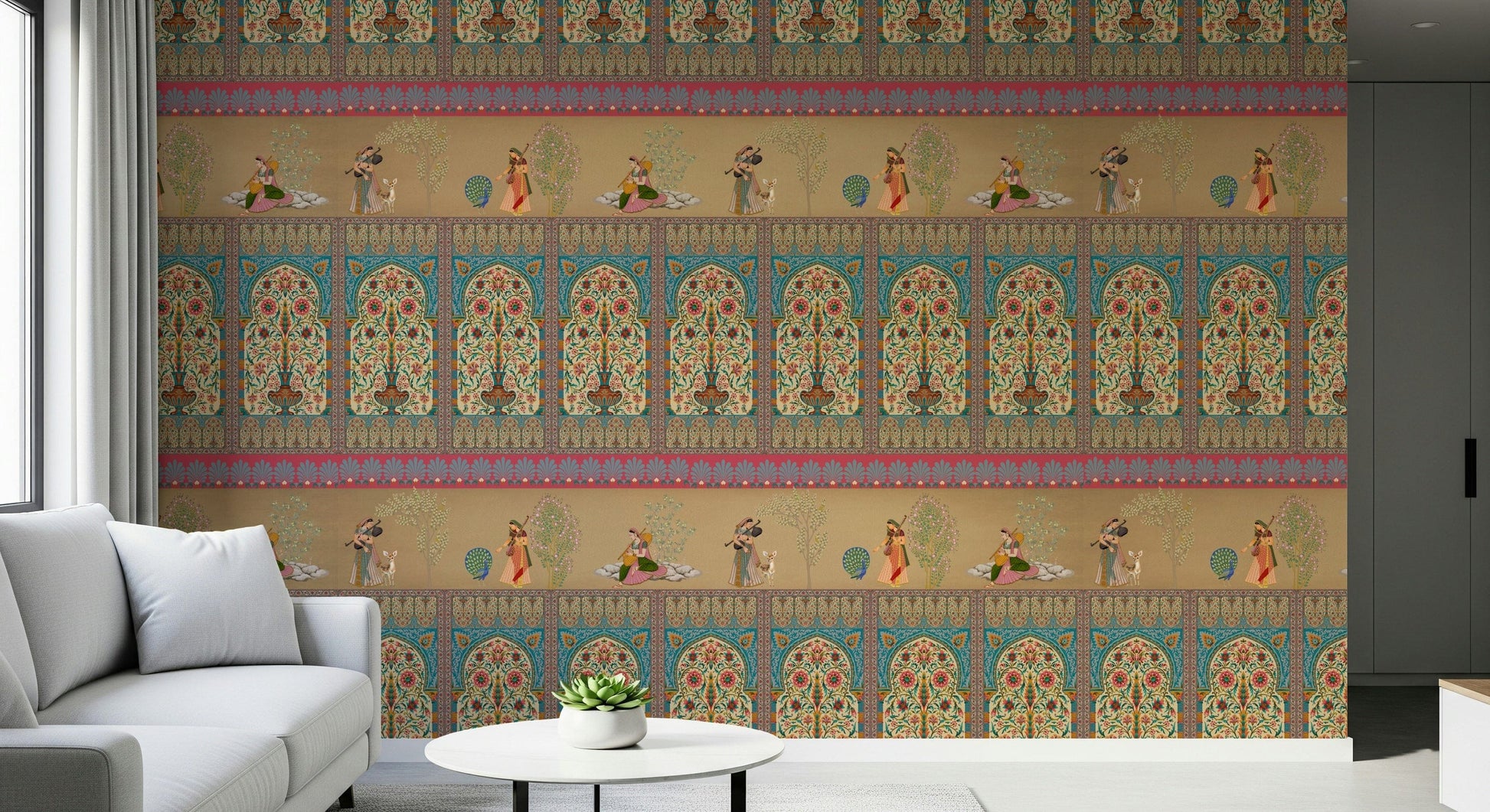 Courtly Serenade Wall Mural showing elegant figures in a romantic garden.