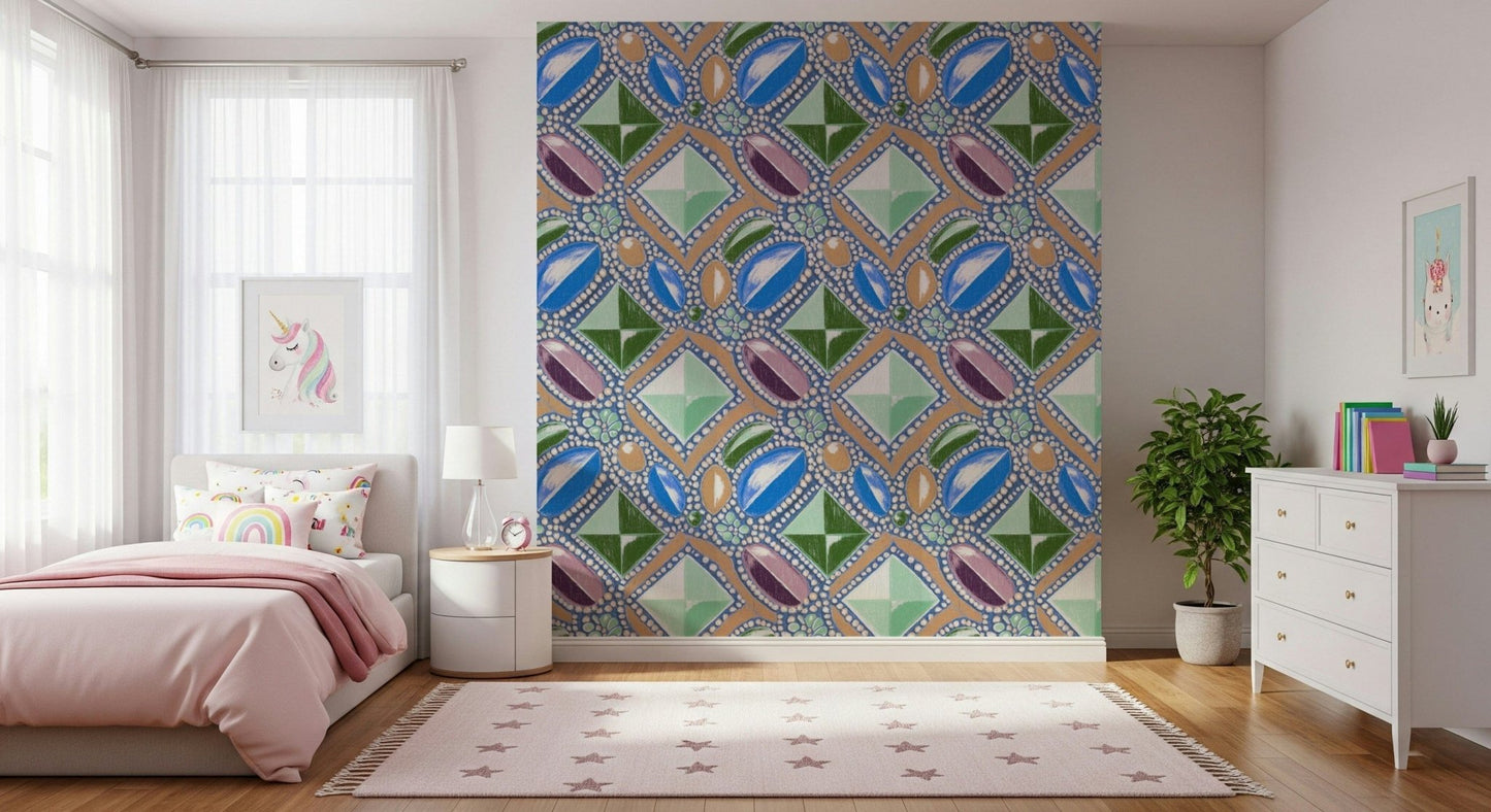 Royal Gemstone Pattern Wallpaper – Luxurious wallpaper featuring pastel blue gem motifs in a delicate, elegant arrangement.