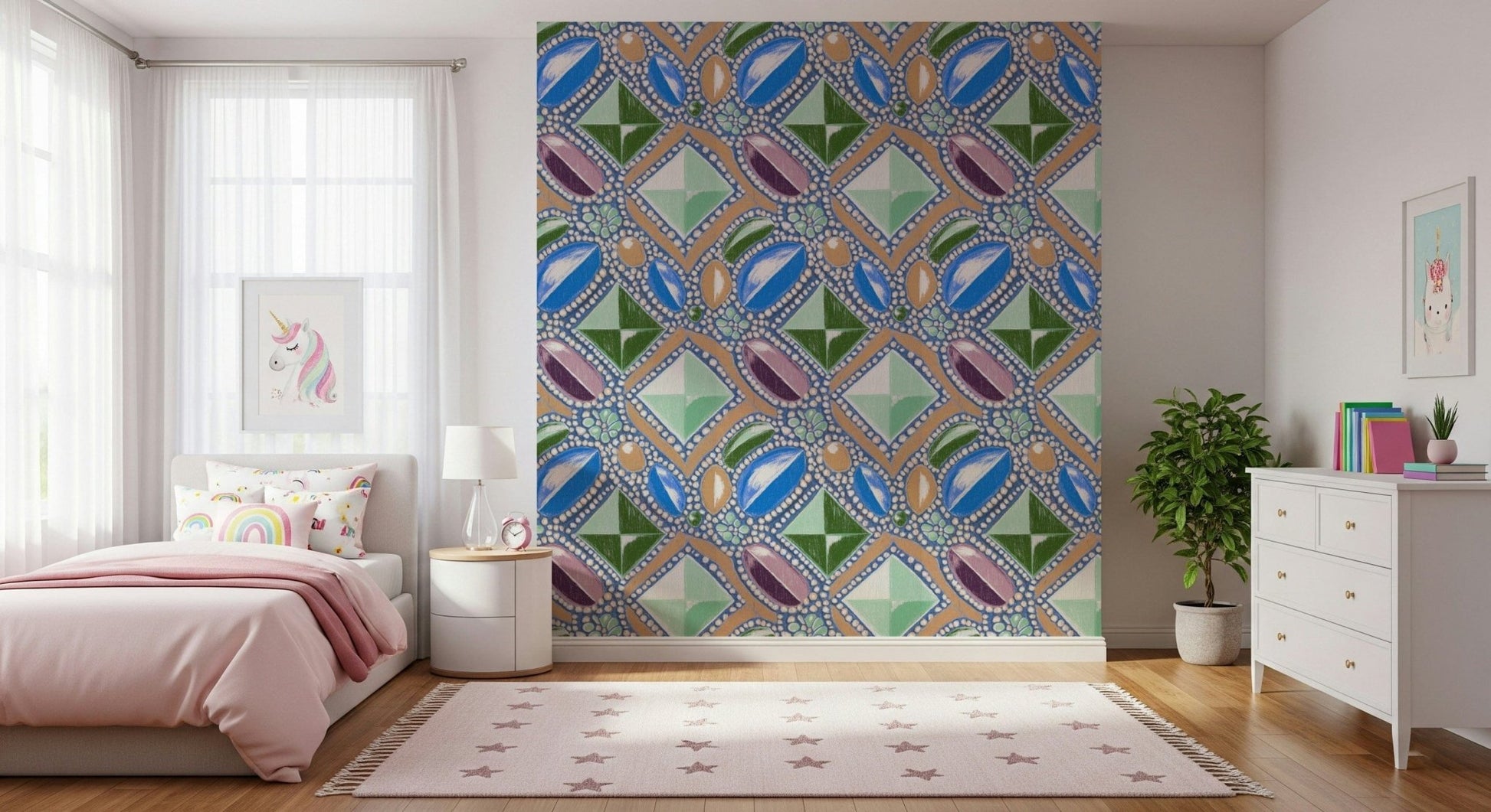 Royal Gemstone Pattern Wallpaper – Luxurious wallpaper featuring pastel blue gem motifs in a delicate, elegant arrangement.