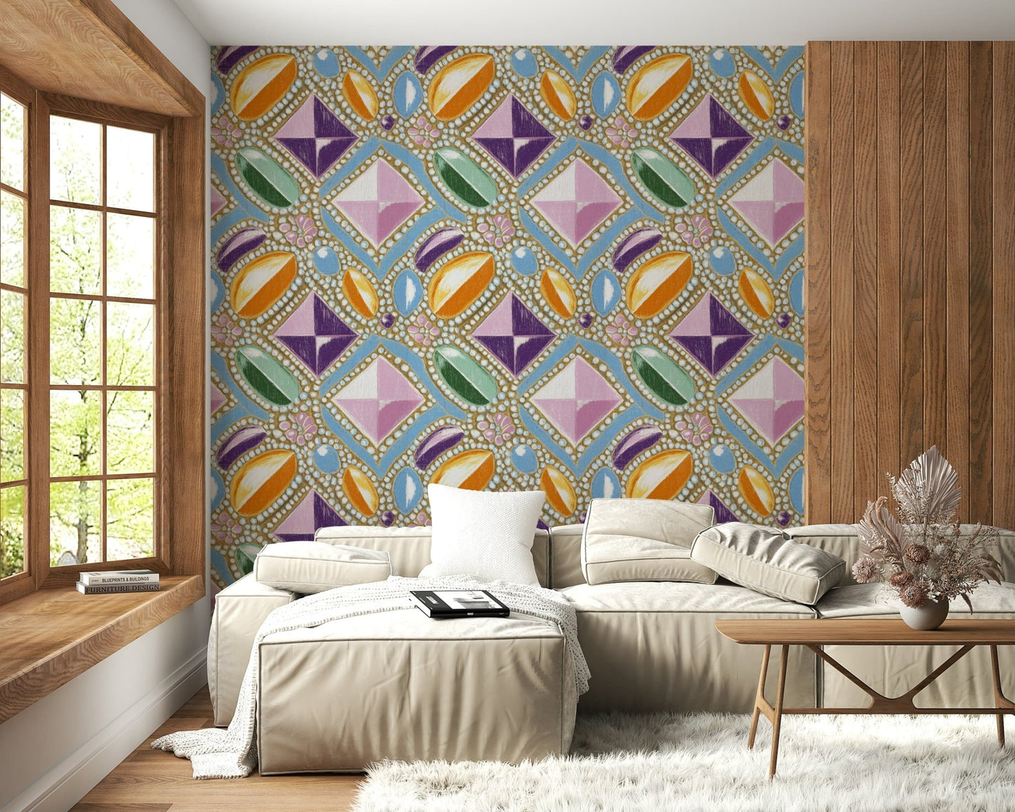 Luxury Pink Gemstone Wallpaper – Sophisticated wall design with pastel pink gemstones creating a regal, elegant aesthetic.