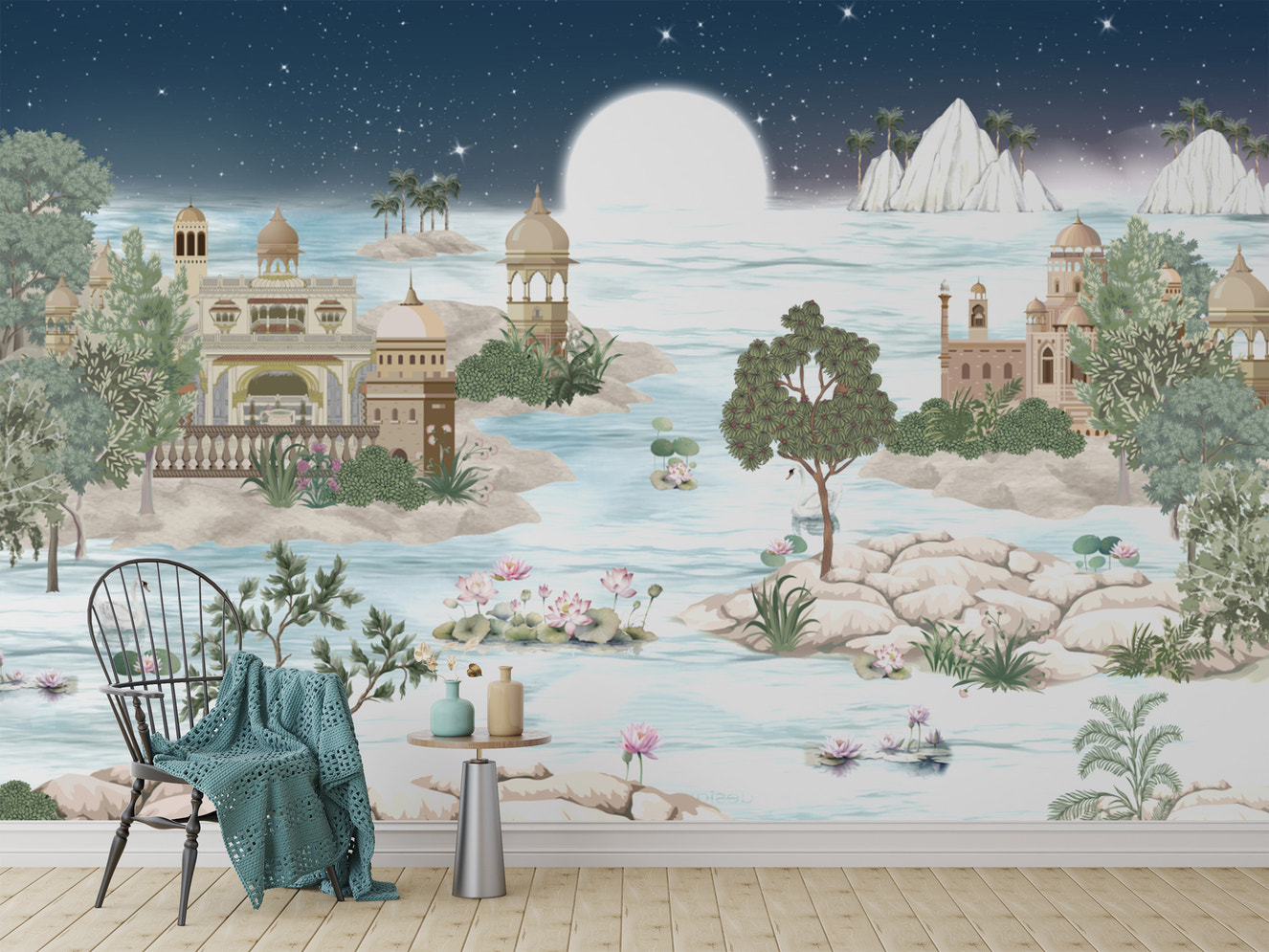 Scenic night lake wallpaper with soft moonlight
