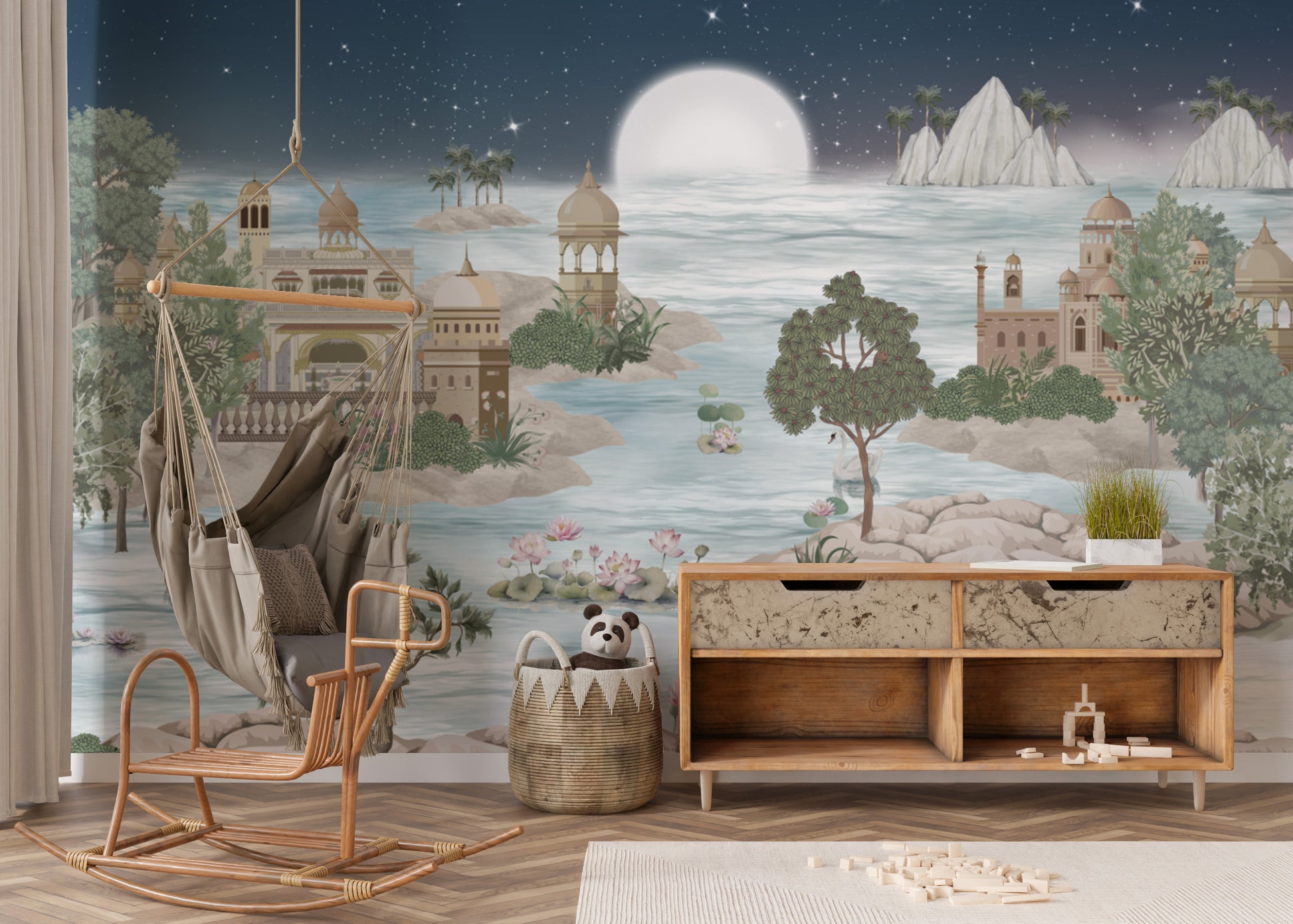 Serene lake wallpaper mural with swans and lotus
