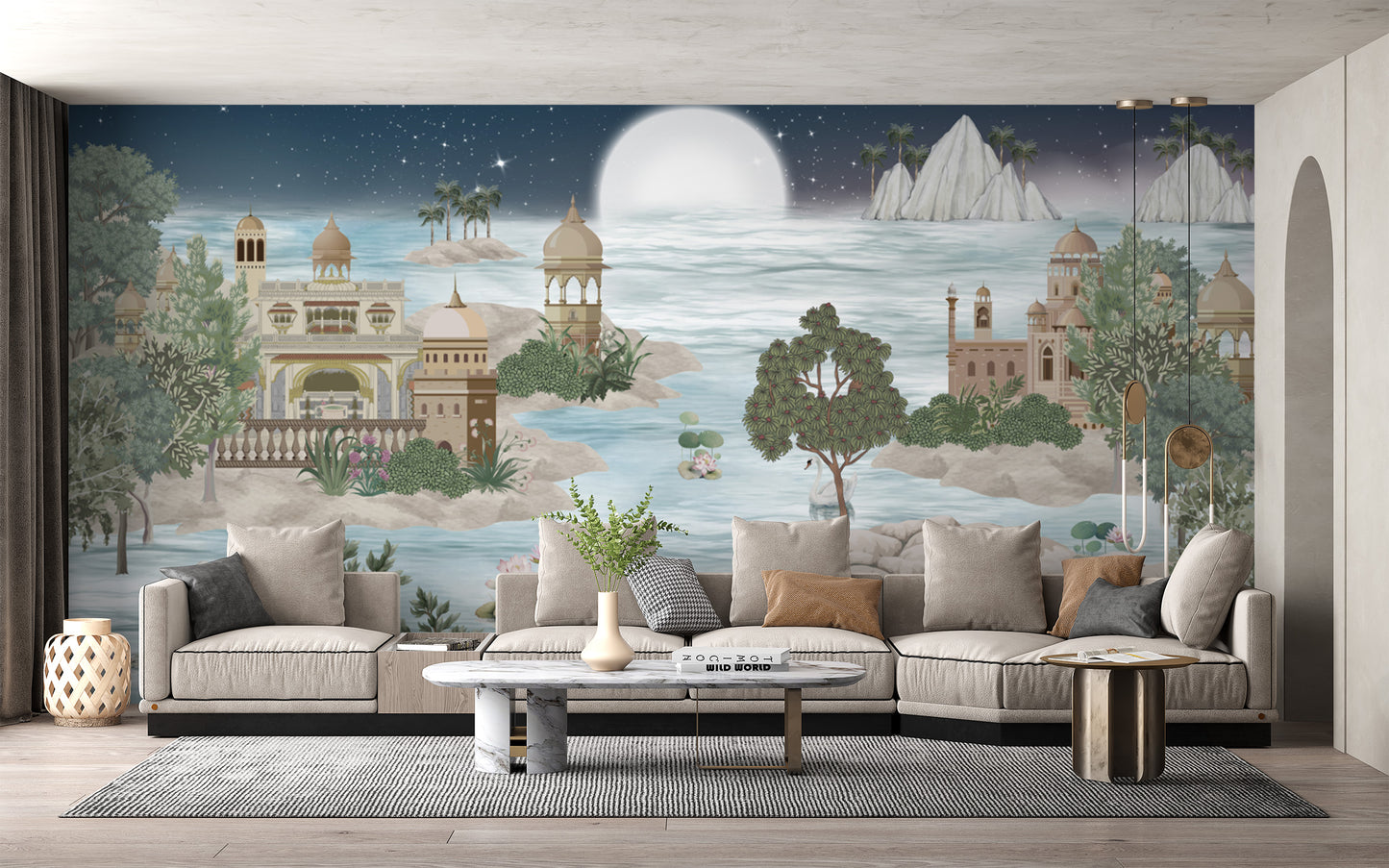 Royal Mughal night scenery mural with moonlit palace
