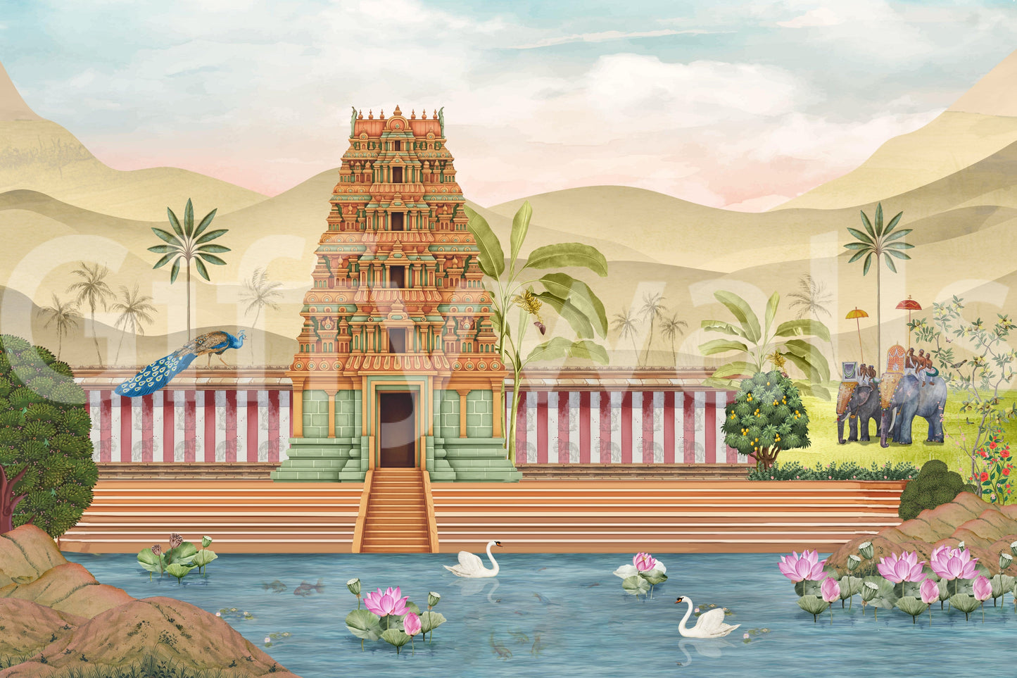 Wide view of The Royal Pastoral mural covering an accent wall