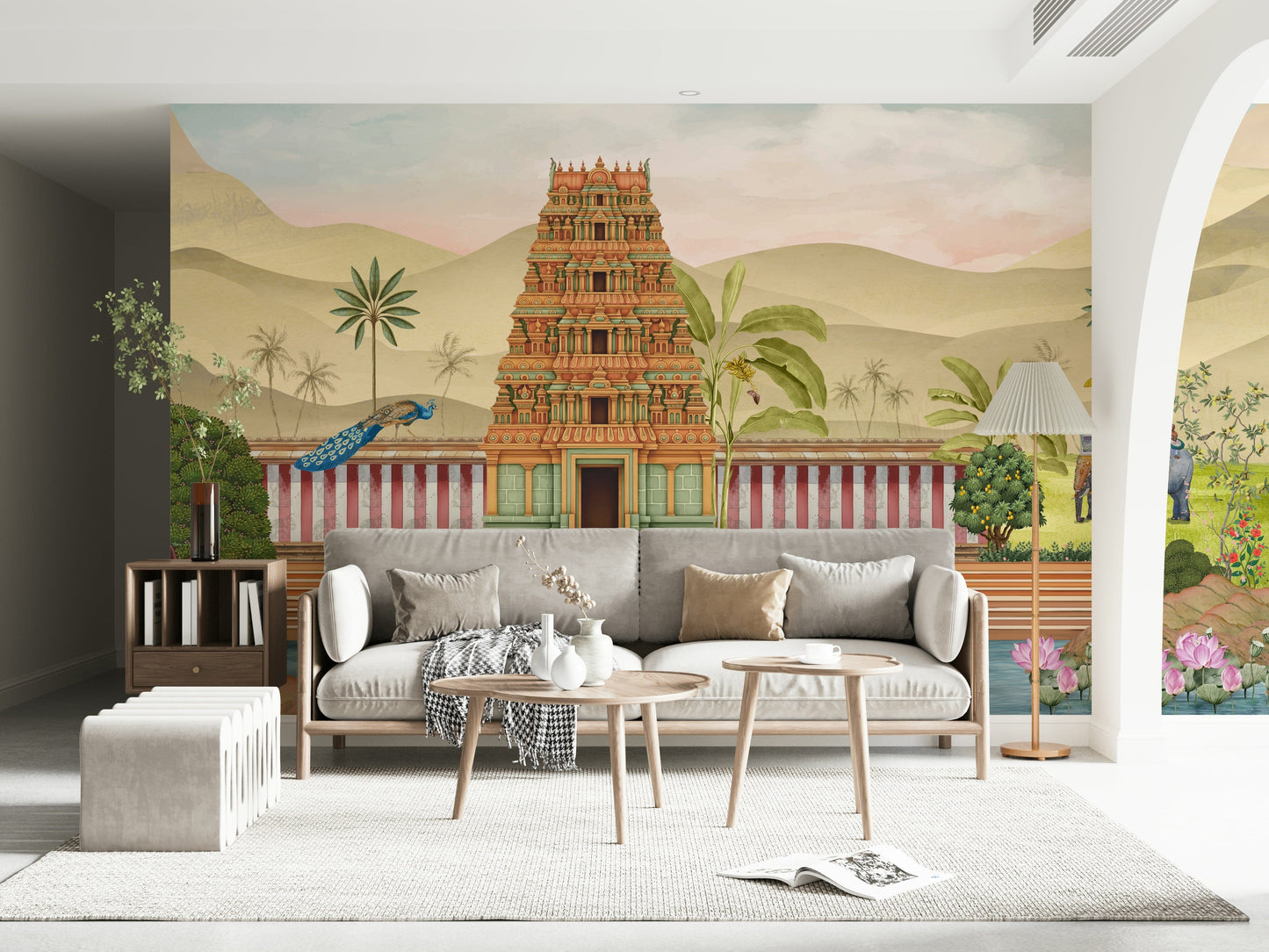 The Royal Pastoral mural installed on a living room feature wall