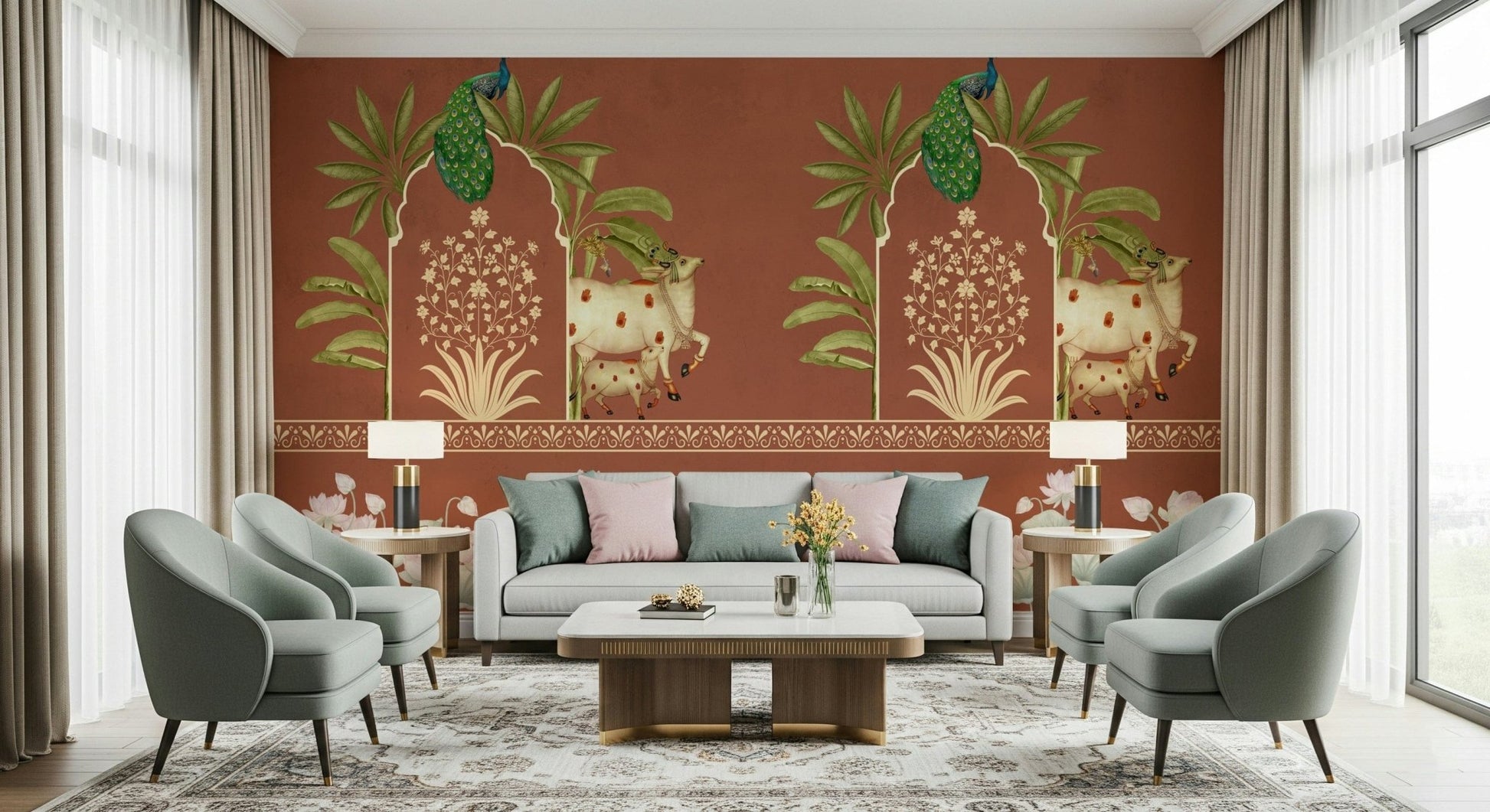 Royal Pichwai Heritage mural in apartment entryway, ornate pattern in navy, cream, and gold wall decor