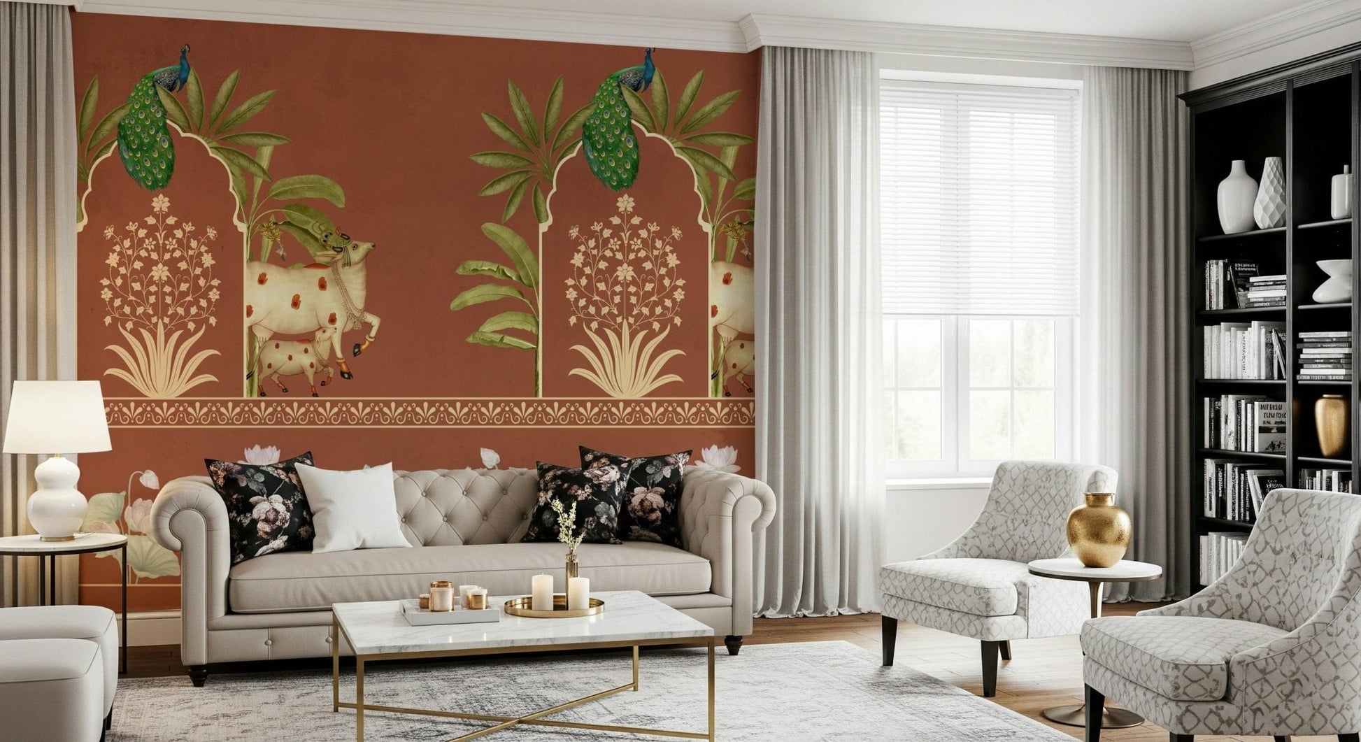 Home office wall mural with heritage artwork, muted blue background and gold details, clean desk backdrop