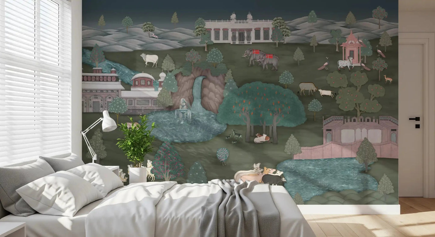 Heritage nature tapestry wall mural with animals and greenery