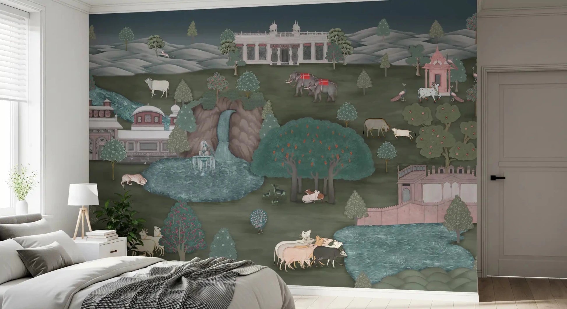 Royal Wilderness Tapestry mural with waterfall and hills