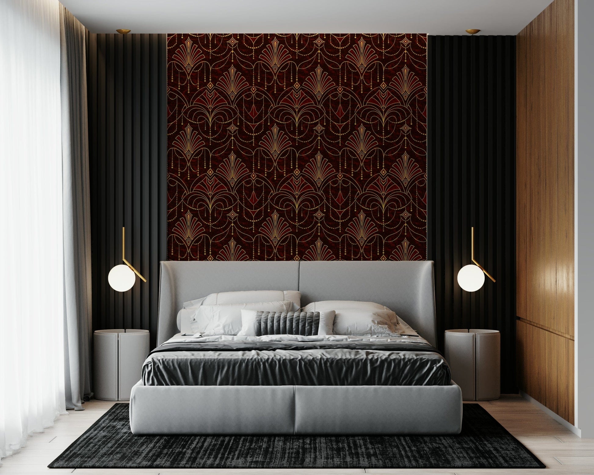 Ruby Deco Radiance wallpaper creating a striking, sophisticated accent wall.