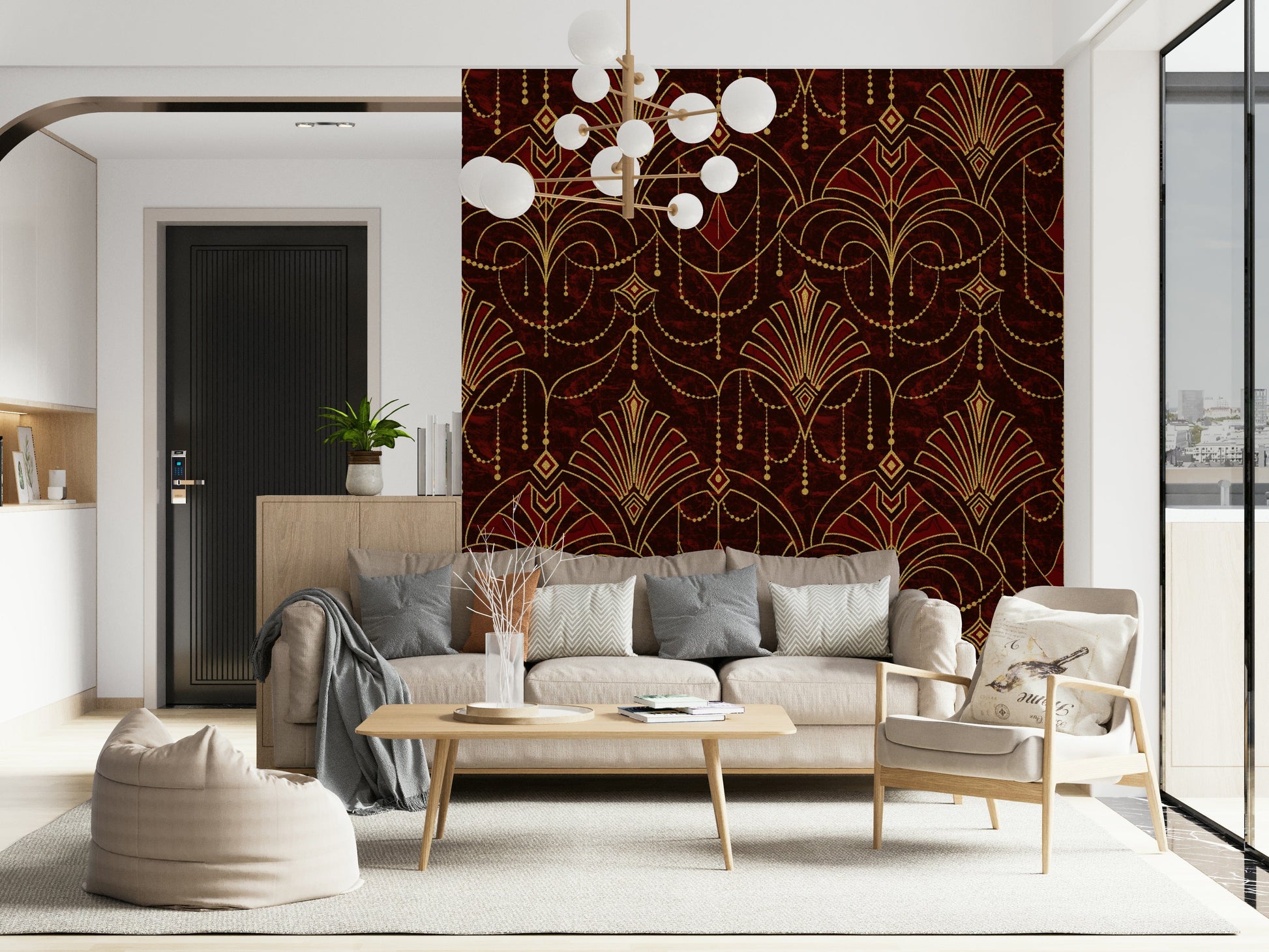 Art Deco ruby wallpaper with intricate, repeating geometric patterns.