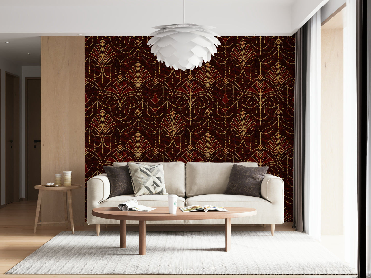 Luxurious ruby red wallpaper with Art Deco motifs for living rooms or bedrooms.
