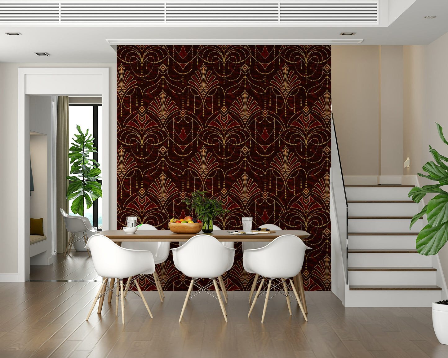 Ruby Deco Radiance wallpaper featuring bold ruby red geometric Art Deco patterns.