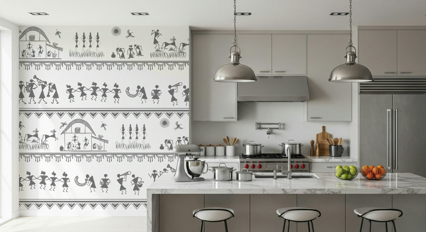 Folk art inspired rural rhythm peel and stick wallpaper