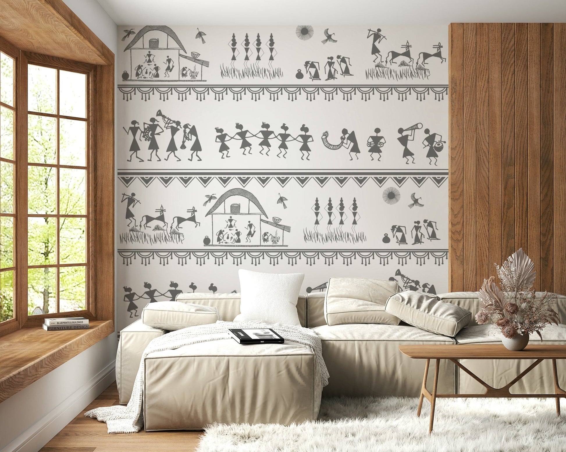 Folk-style rural wall mural with repeating village motifs