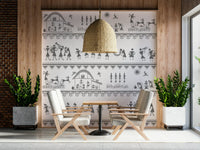 Traditional village life illustrated in rhythmic wall mural art