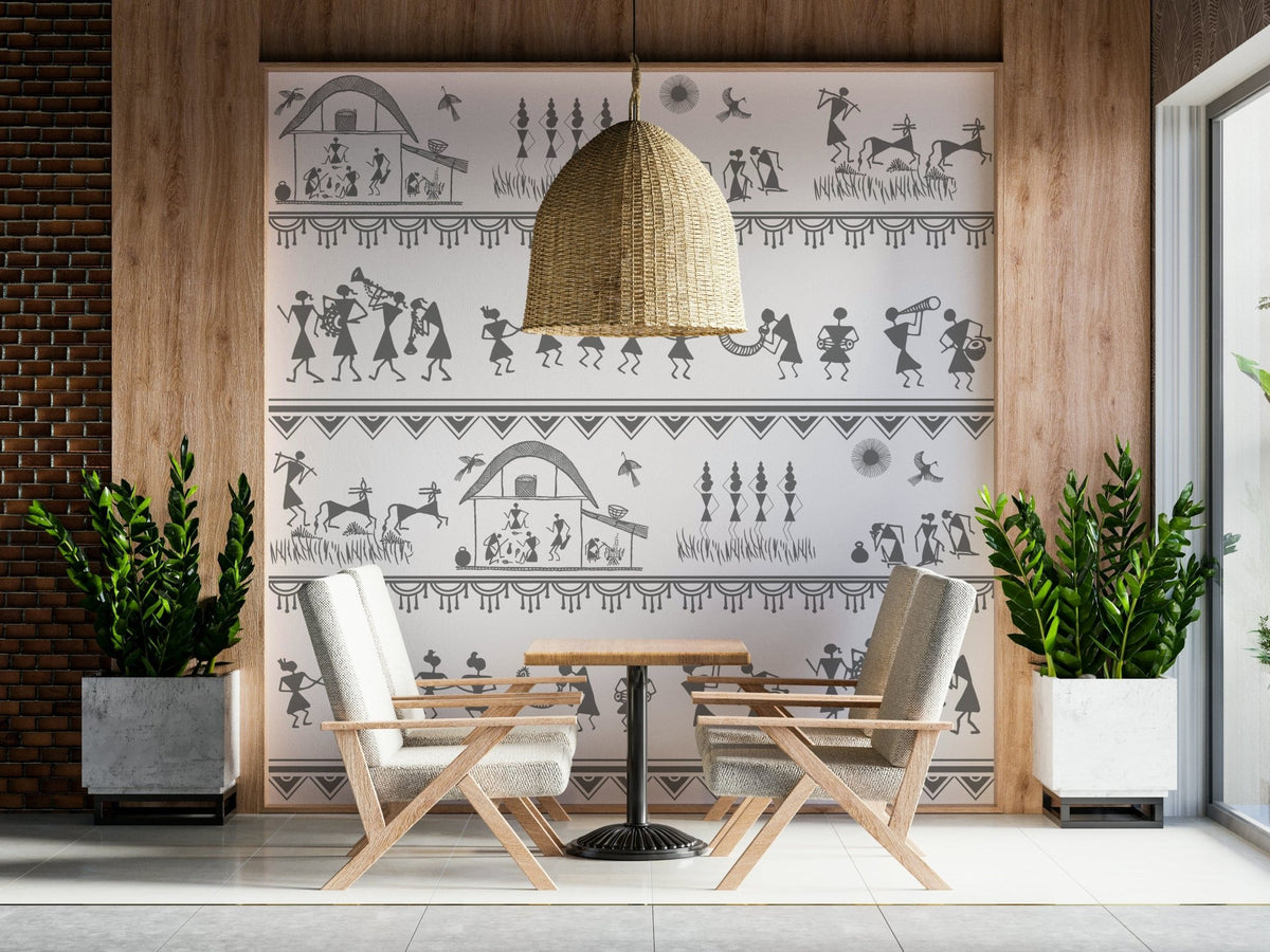Traditional village life illustrated in rhythmic wall mural art