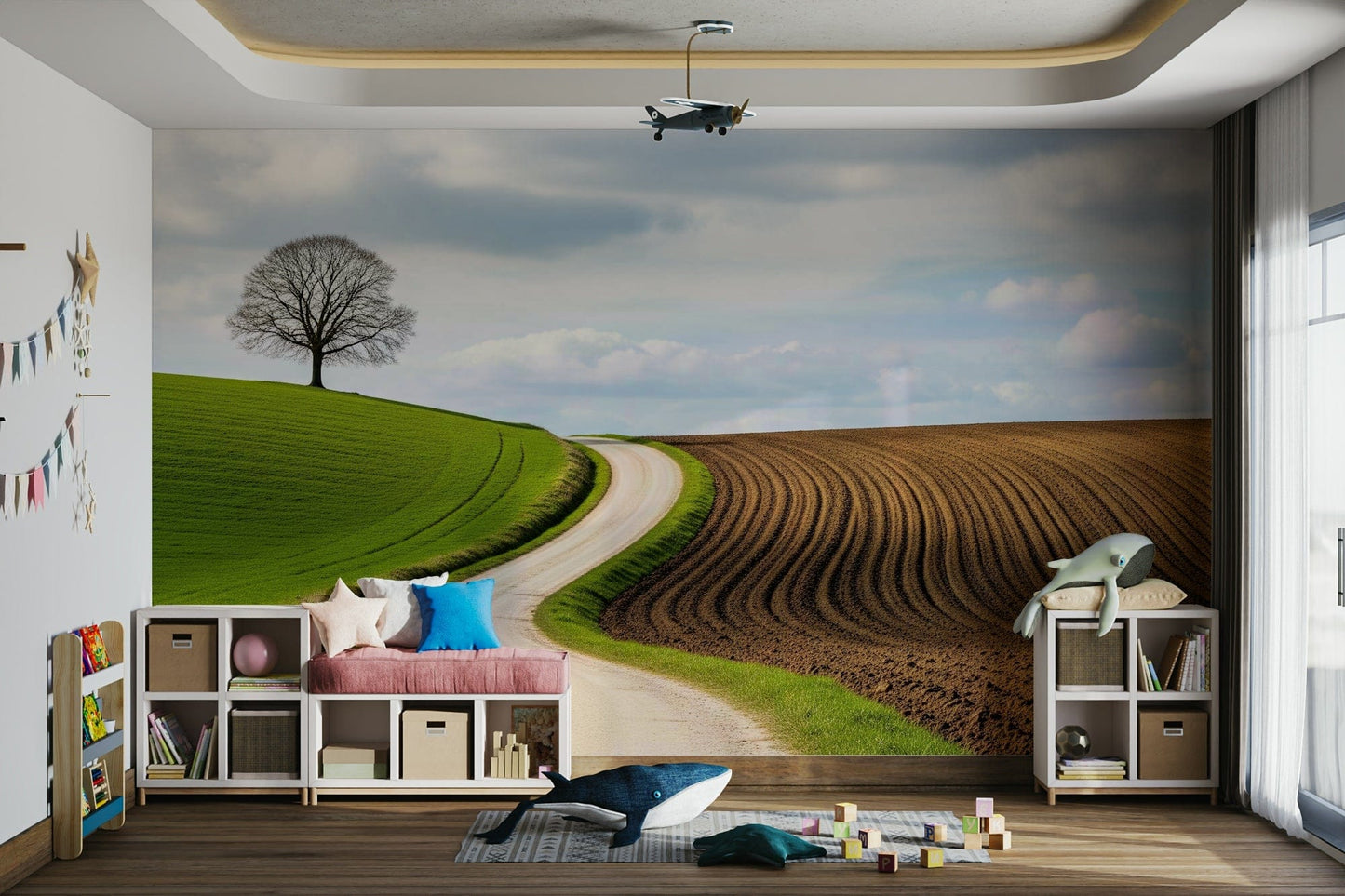 The peel and stick wallpaper showing realistic nature textures.