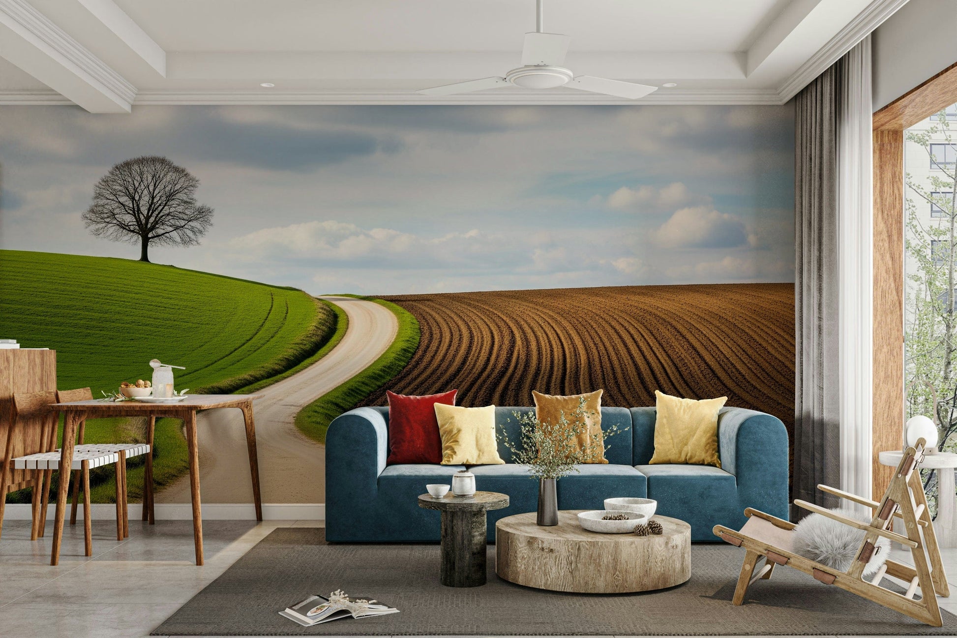An angled shot of the mural's gentle color palette.