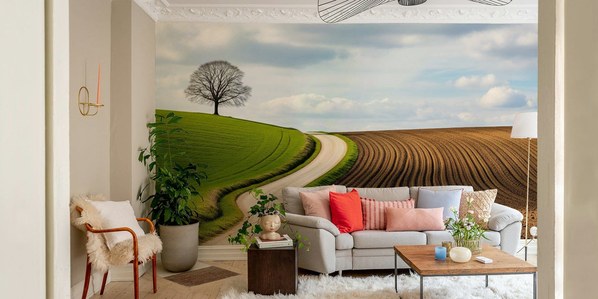 The wallpaper is used as a feature wall in a bedroom.