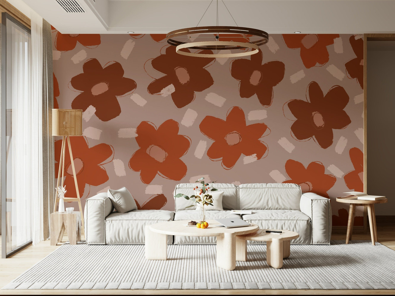 A graceful subtle bloom wall mural in warm, natural tones.

